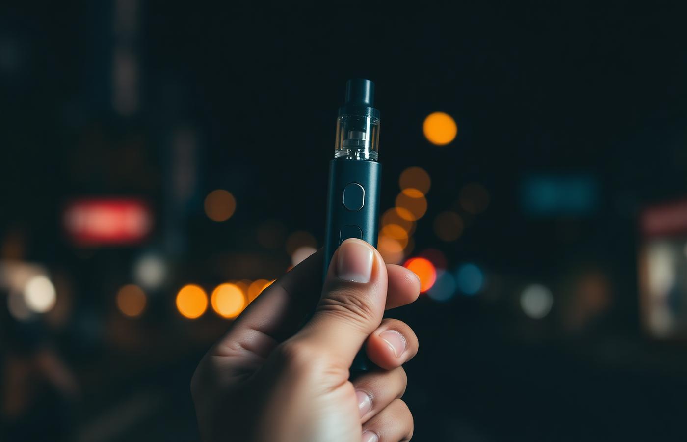Hand holding a premium vape device against a Bengaluru night street